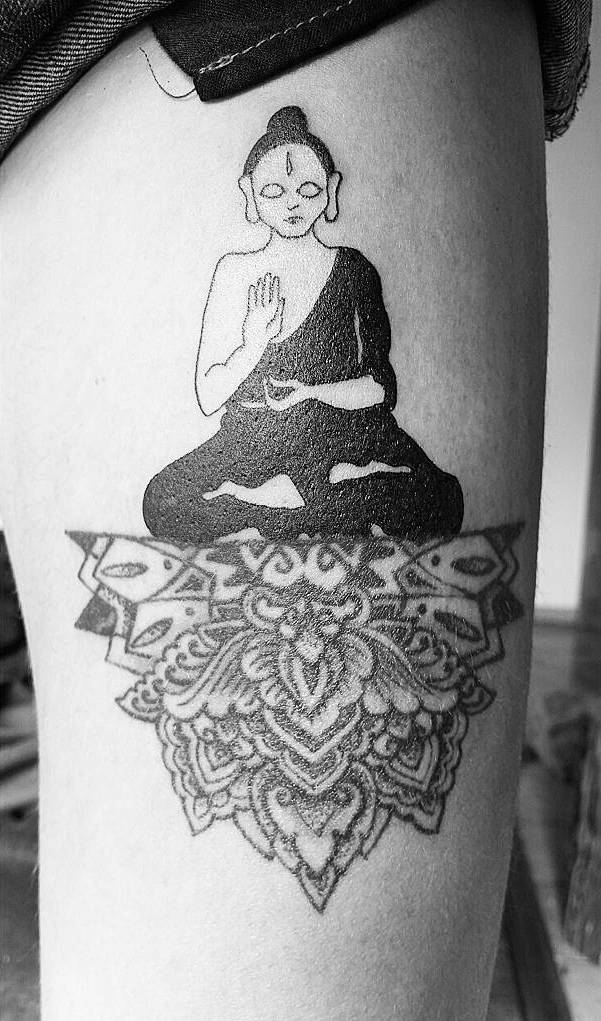 Tattoo uploaded by Jory Helmes • Buddha head #blackandgrey  #blackandgreytattoo #buddha #buddhainspiredtattoos #chrysanthemum  #cherryblossomtattoo • Tattoodo